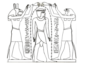 Horus and Set showering a Pharaoh with ankhs