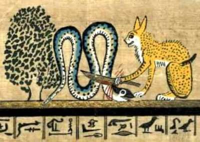 The goddess Bast execrating the Serpent in the form of a cat